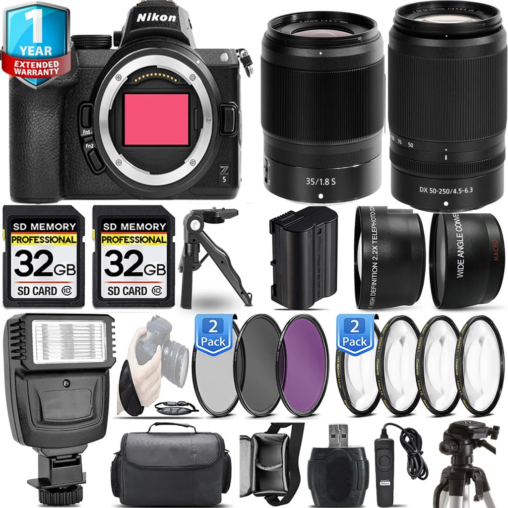 Nikon Z5 Mirrorless Camera with 50-250mm f/4.5-6.3 VR Lens + 35mm f/1.8 Size Lens + 4 PC Macro Sizeet + 3 PC Filter Sizeet + 64GB + Flash + Handbag