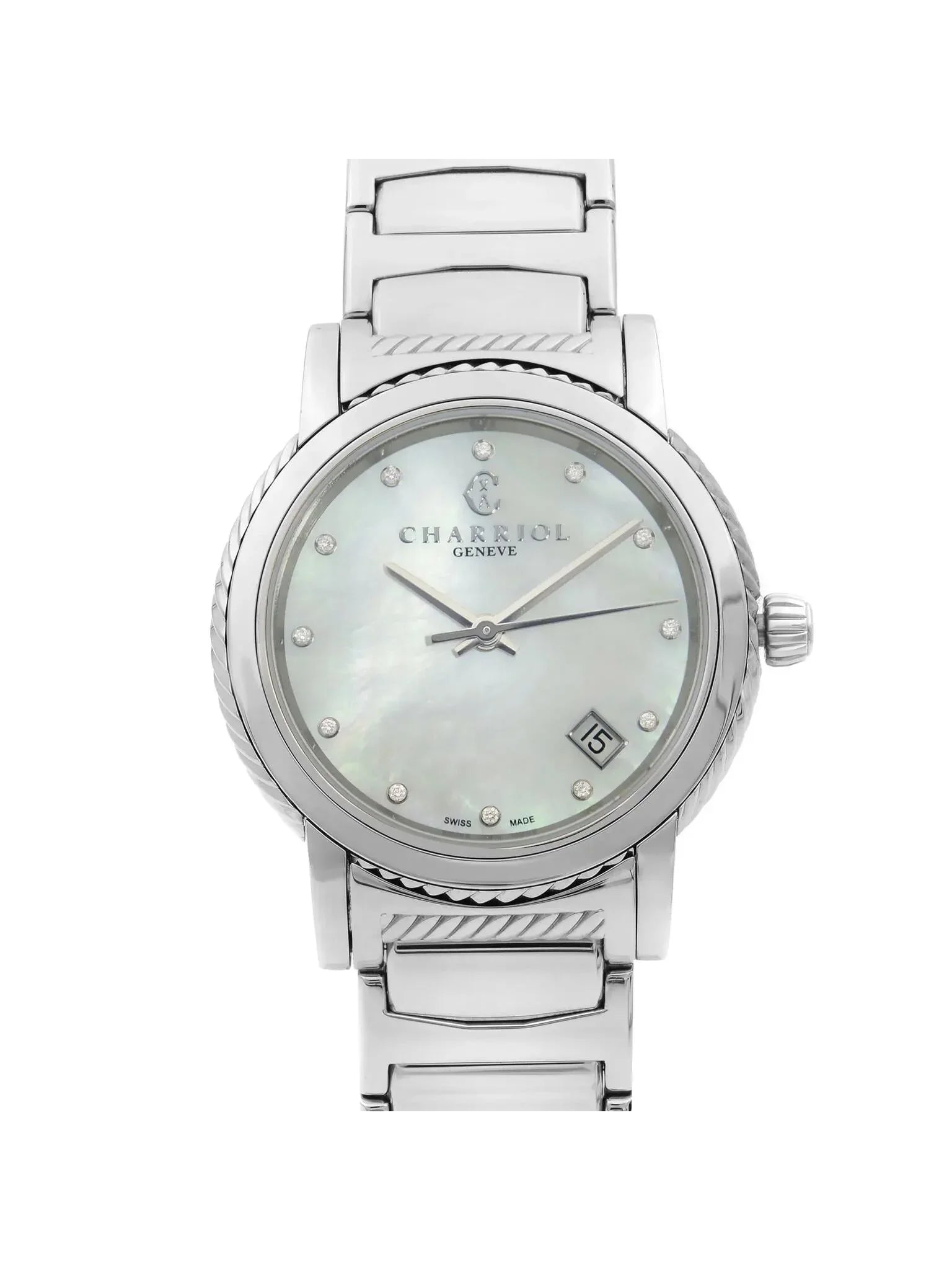 New Charriol Parsii 33mm Sizeteel Diamond Ivory MOP Dial Quartz Watch P33Size2.920.001