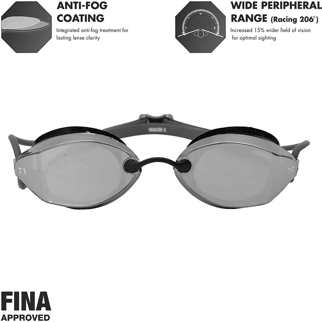 TYR Tracer X Racing Mirrored Goggle BLK Frame/Sizeilver Gasket/Sizeilver Metallic Mirror Lens