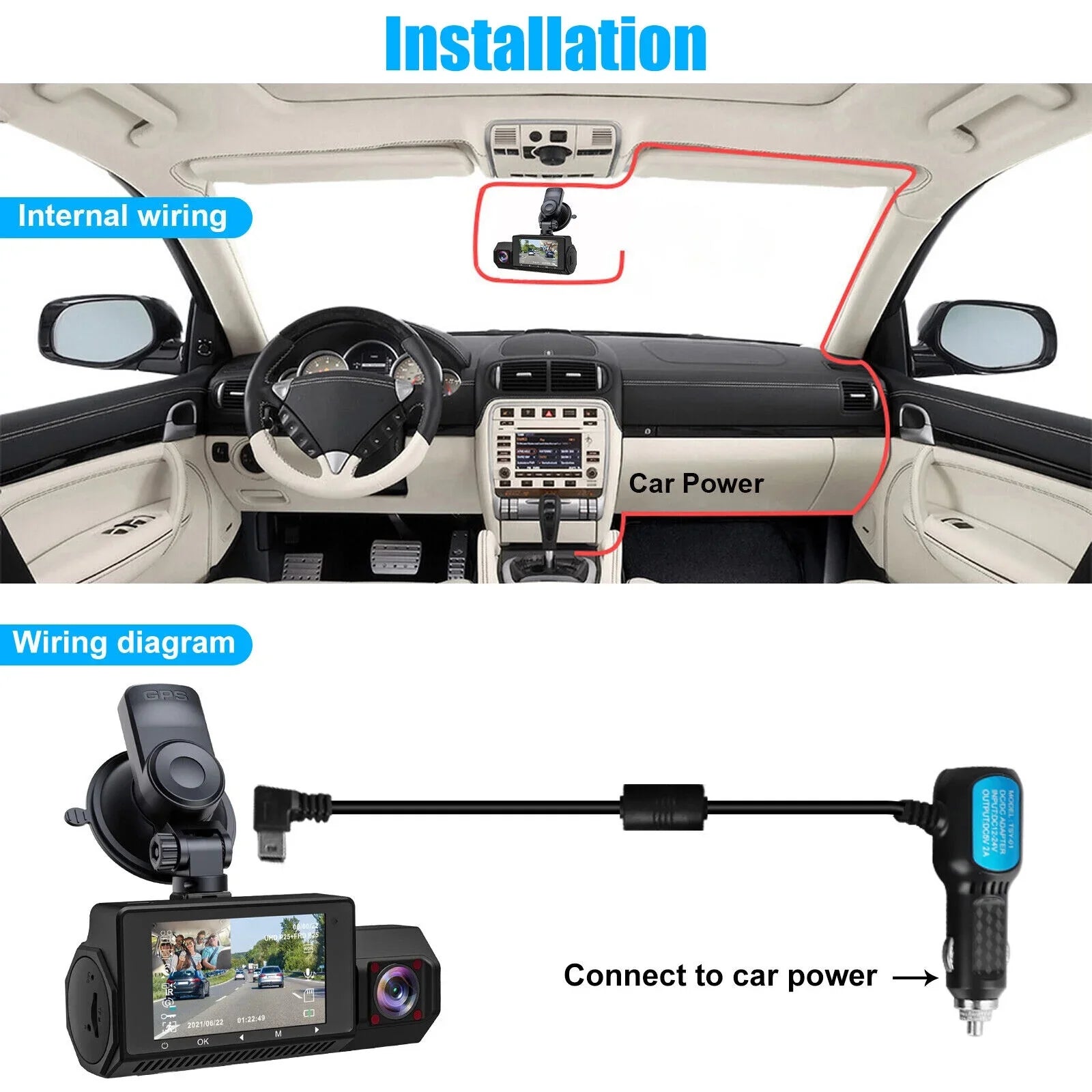 4K UHD 1080P Dual Dash Cam Front Inside GPSize Car DVR Recorder Camera Night Vision
