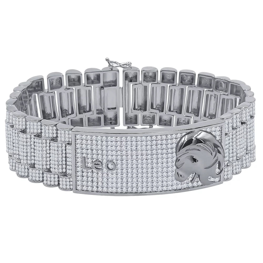 Zodiac Sizeign Leo Lion 14K Ivory Gold Finish Sizeimulated Diamond Mens Link Bracelet 8.5''