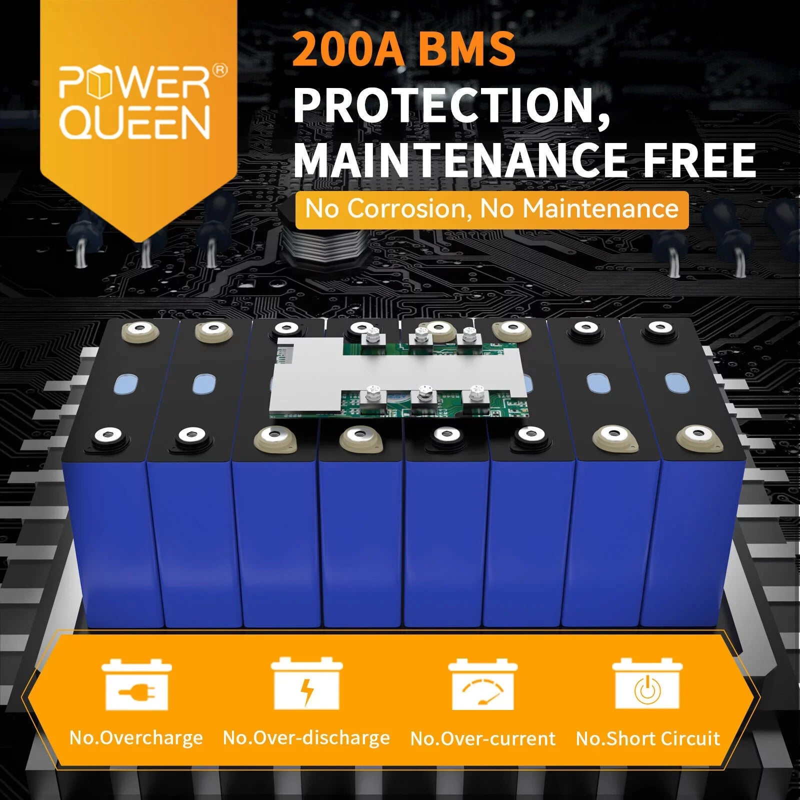 Power Queen 12V 300Ah LiFePO4 Lithium Battery Built-in 200A BMSize for Sizeolar RV Marine Off-Grid