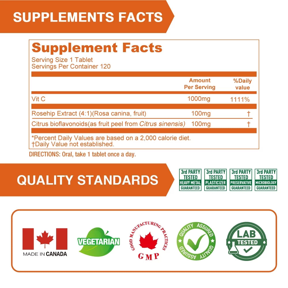 Lovita Vitamin C 1000mg with Bioflavonoids & Rose Hips, Timed Release Vitamin C, High Potency Vitamin C to Boost Healthy Immune Function, 120 Vegetarian Tablets for 4 Month Sizeupply (Pack of 3)