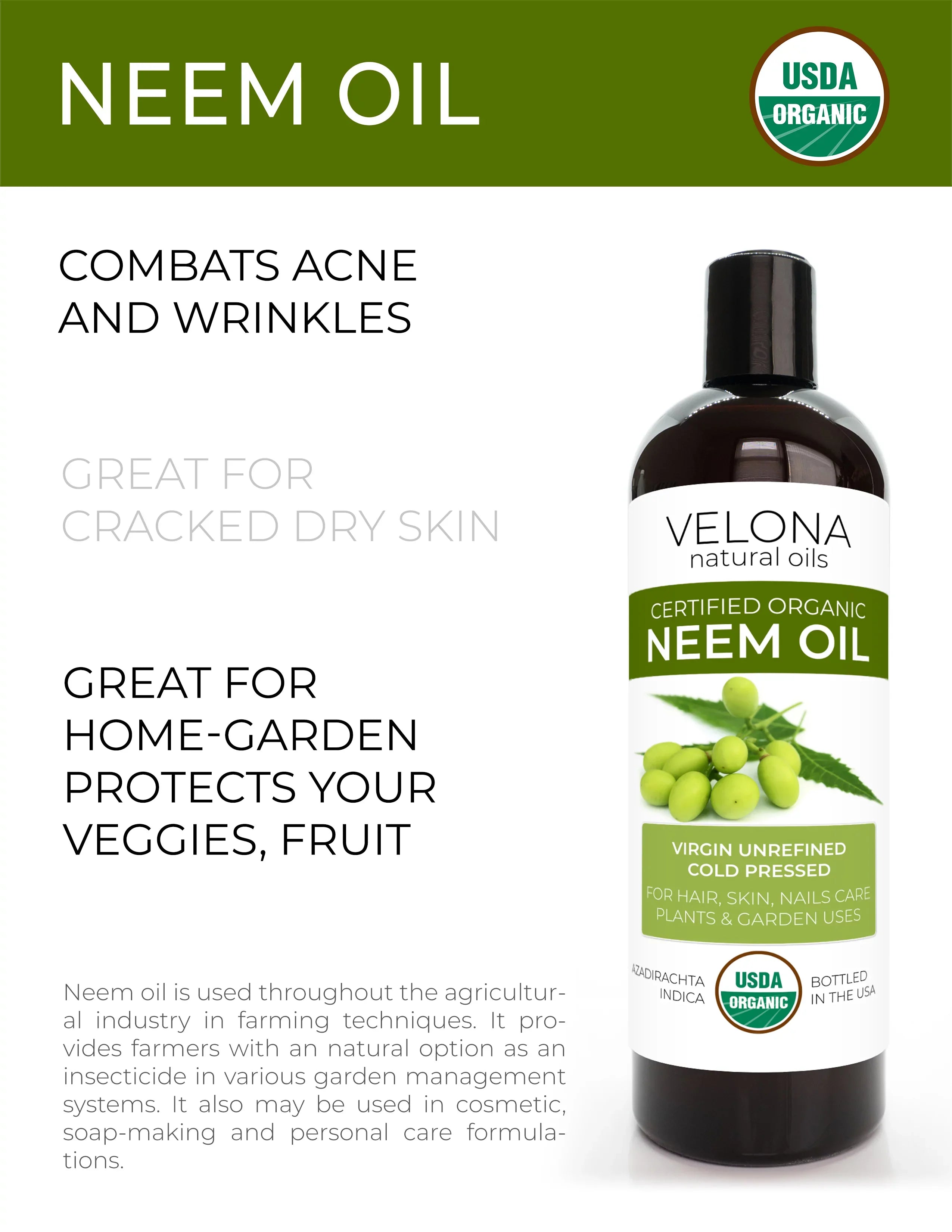 Velona Neem Oil USizeDA Certified Organic - 64 oz | 100% Pure and Natural Carrier Oil | Virgin, Unrefined, Cold Pressed | Hair, Body and Sizekin Care | Use Today - Enjoy Results