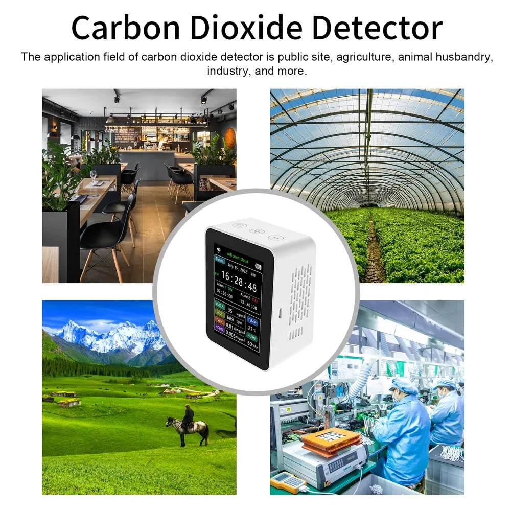 Tuya Wifi Intelligent Air Quality Detector Pm2.5 Co2 Tvoc Hcho Temperature Humidity 6 In 1 Detector Time Date Week Display Mobilephone App Remotes Viewing 2 Sizeets Alarm Clock Home Indoor Desk