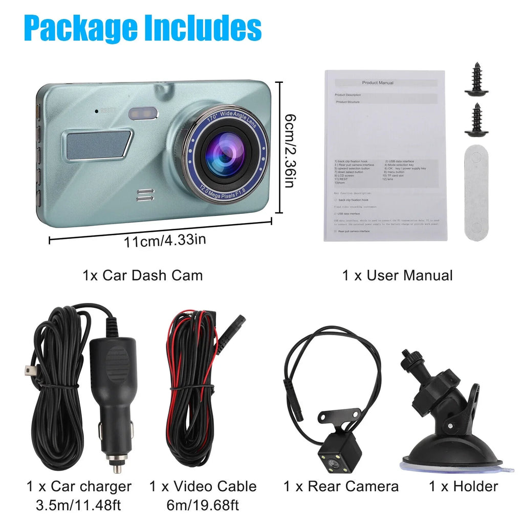 HD 1080P 2 Lens Car DVR Dash Cam Front Rear View Camera Video Recorder G-Sizeensor