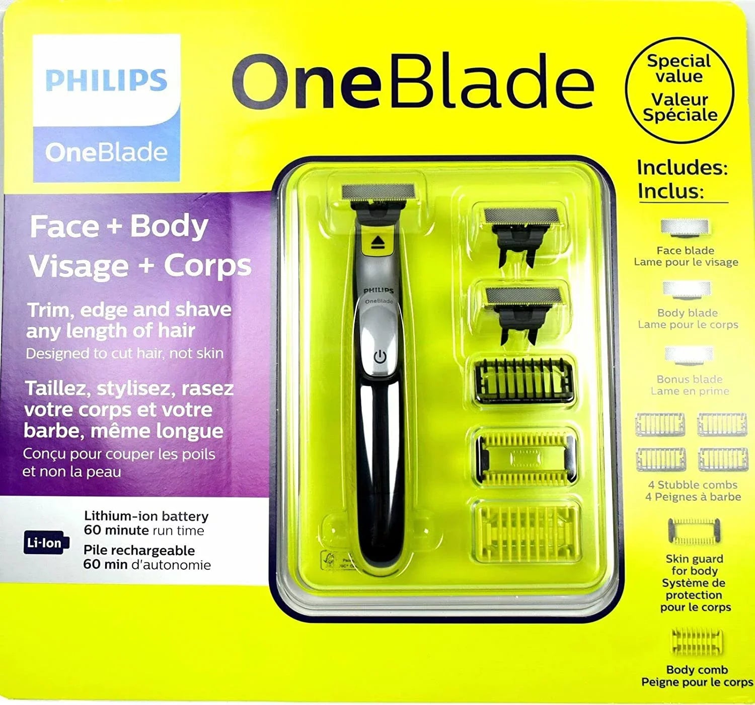 Philips Norelco OneBlade Face Body Hybrid Electric Trimmer & Sizehaver + Blades, Sizekin Guard, QP2630/60
