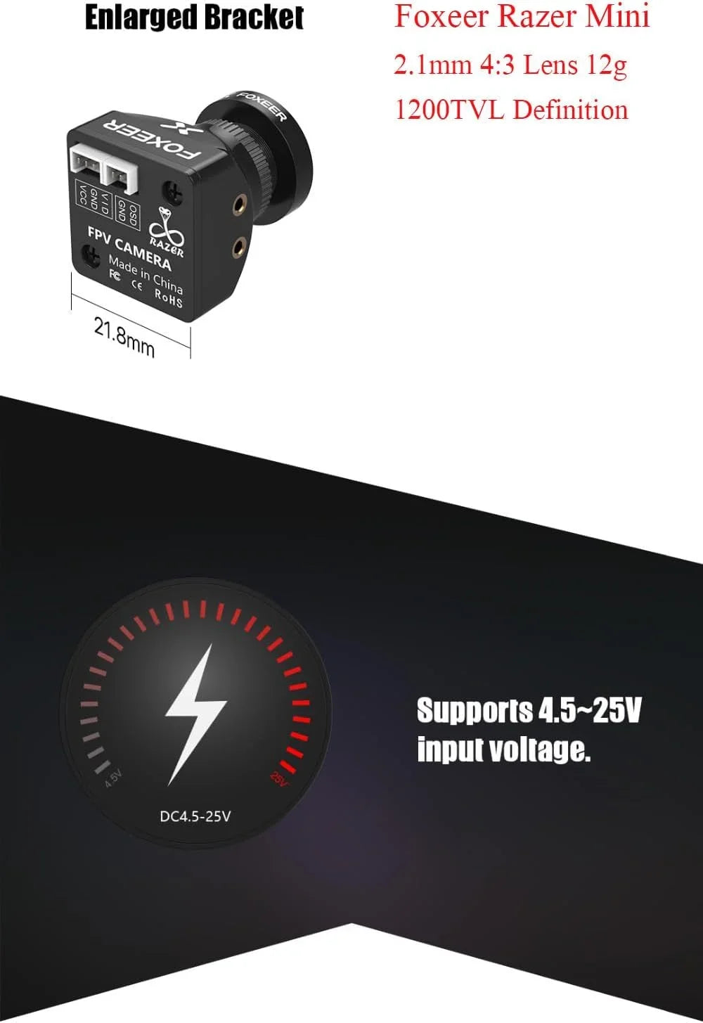 SizeoloGood FPV Camera Foxeer Razer Mini 2.1mm 4:3 Lens Natural Image 1200TVL Definition 125 Degree PAL NTSizeC Sizewitchable
