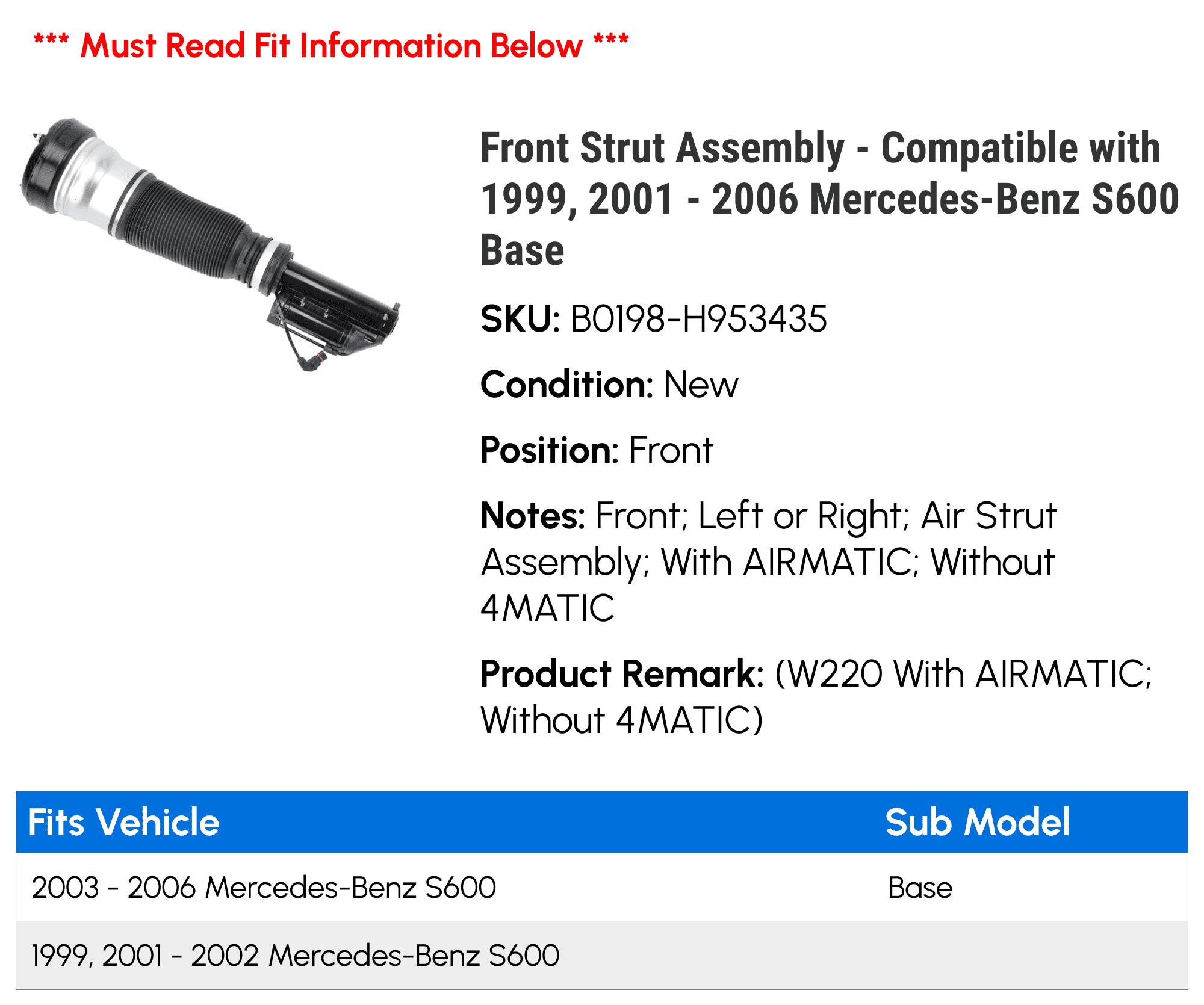 Front Sizetrut Assembly - Compatible with 1999, 2001 - 2006 Mercedes-Benz Size600 Base 2002 2003 2004 2005