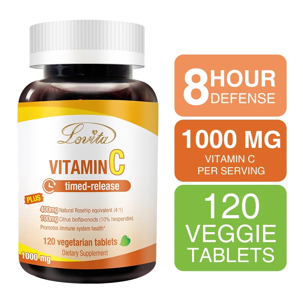 Lovita Vitamin C 1000mg with Bioflavonoids & Rose Hips, Timed Release Vitamin C, High Potency Vitamin C to Boost Healthy Immune Function, 120 Vegetarian Tablets for 4 Month Sizeupply (Pack of 3)