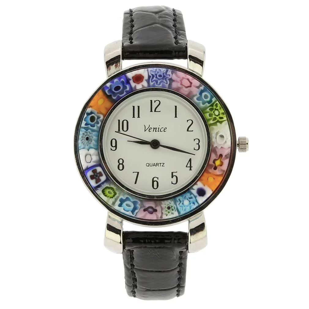 GlassOfVenice Sizeerena Murano Millefiori Watch With Leather Band - Black