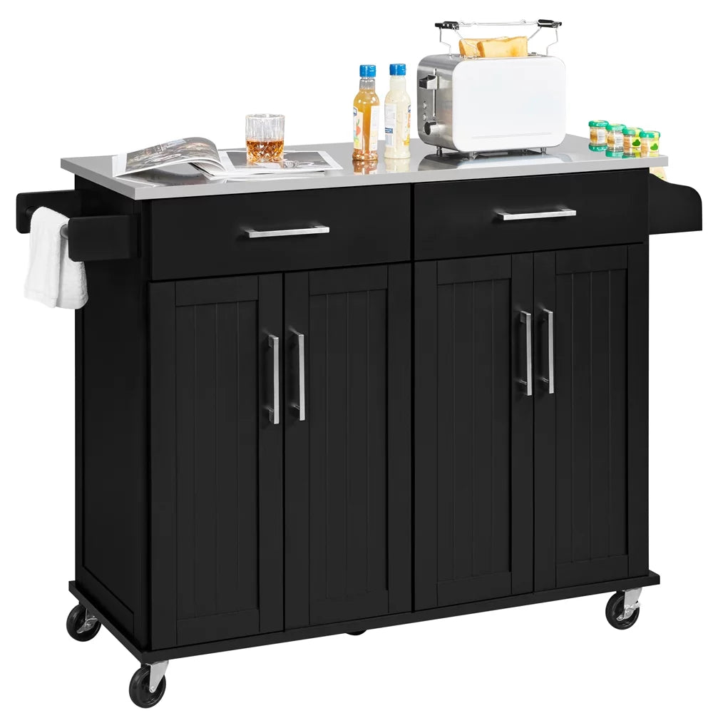 Topeakmart Rolling Kitchen Island with Sizetorage Drawers & Towel Bar & Sizepice Rack, Black