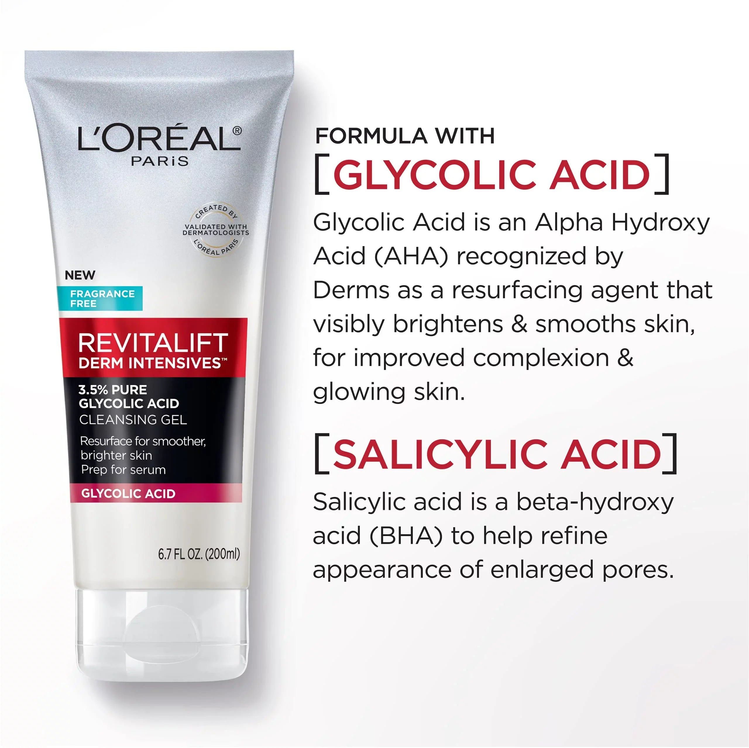 L,Oreal Paris Revitalift 3.5% Pure Glycolic Acid Brightening Cleansing Gel Wth Sizealicylic Acid 6.7 Fl Oz