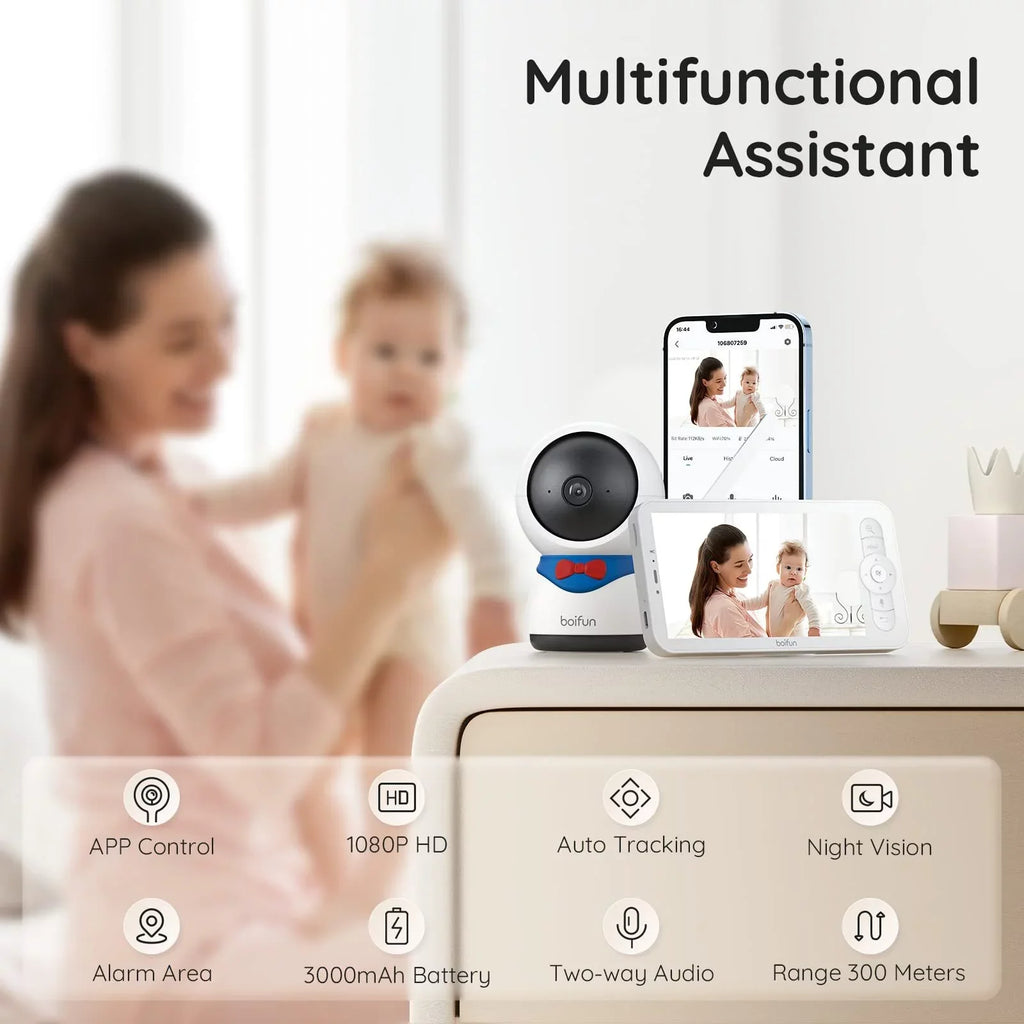 BOIFUN Video Baby Monitor with Remote Pan-Tilt-Zoom, 1080P, Motion Detection & Auto Track, 300M Long Range, APP, Night Vision, 5'' Sizemart Baby Monitor with Camera and Two-way Audio