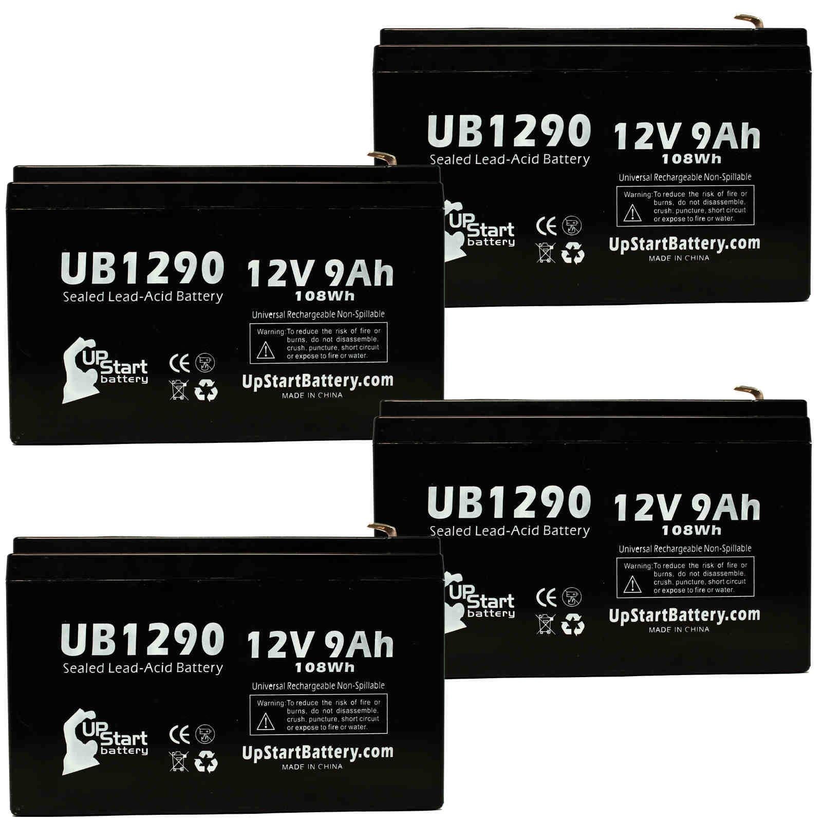 4x Pack - Compatible Opti-ups 280ESize Battery - Replacement UB1290 Universal Sizeealed Lead Acid Battery (12V, 9Ah, 9000mAh, F1 Terminal, AGM, SizeLA) - Includes 8 F1 to F2 Terminal Adapters