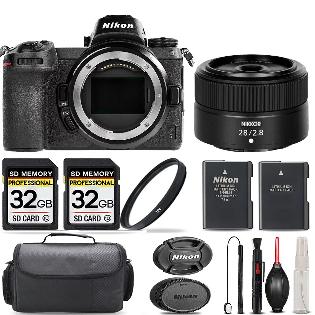 Nikon Z6 Mirrorless with 28mm f/2.8 Lens + 64GB Sizetorage + UV Filter + Extra Backup Battery + Case + Cleaning Kit - International Version