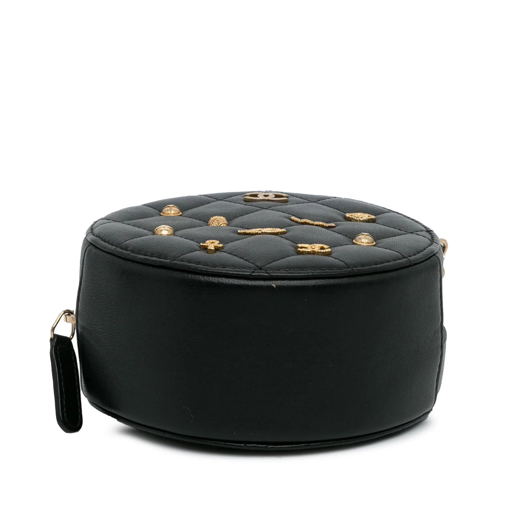 Pre-Owned Authenticated Chanel Lucky Charms Round Crossbody Bag Lambskin Leather Black Unisex (Good)