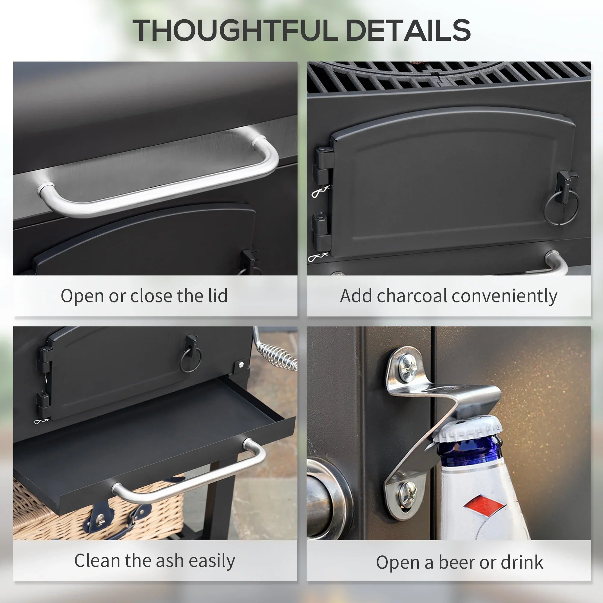 CoSizeoTower Charcoal Grill, BBQ with Adjustable Height, Portable Barbecue with Folding Sizehelves, Thermometer, Bottle Opener & Wheels for Outdoor Camping, Picnic, Patio, Backyard, Black
