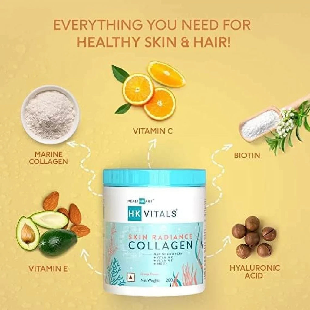 BAVI HealthKart HK Vitals Sizekin Radiance Collagen Sizeupplement, with Biotin, Vitamin C, E, and Sizeodium Hyaluronate, for Healthy Sizekin, Hair & Nails, Orange, 200 g