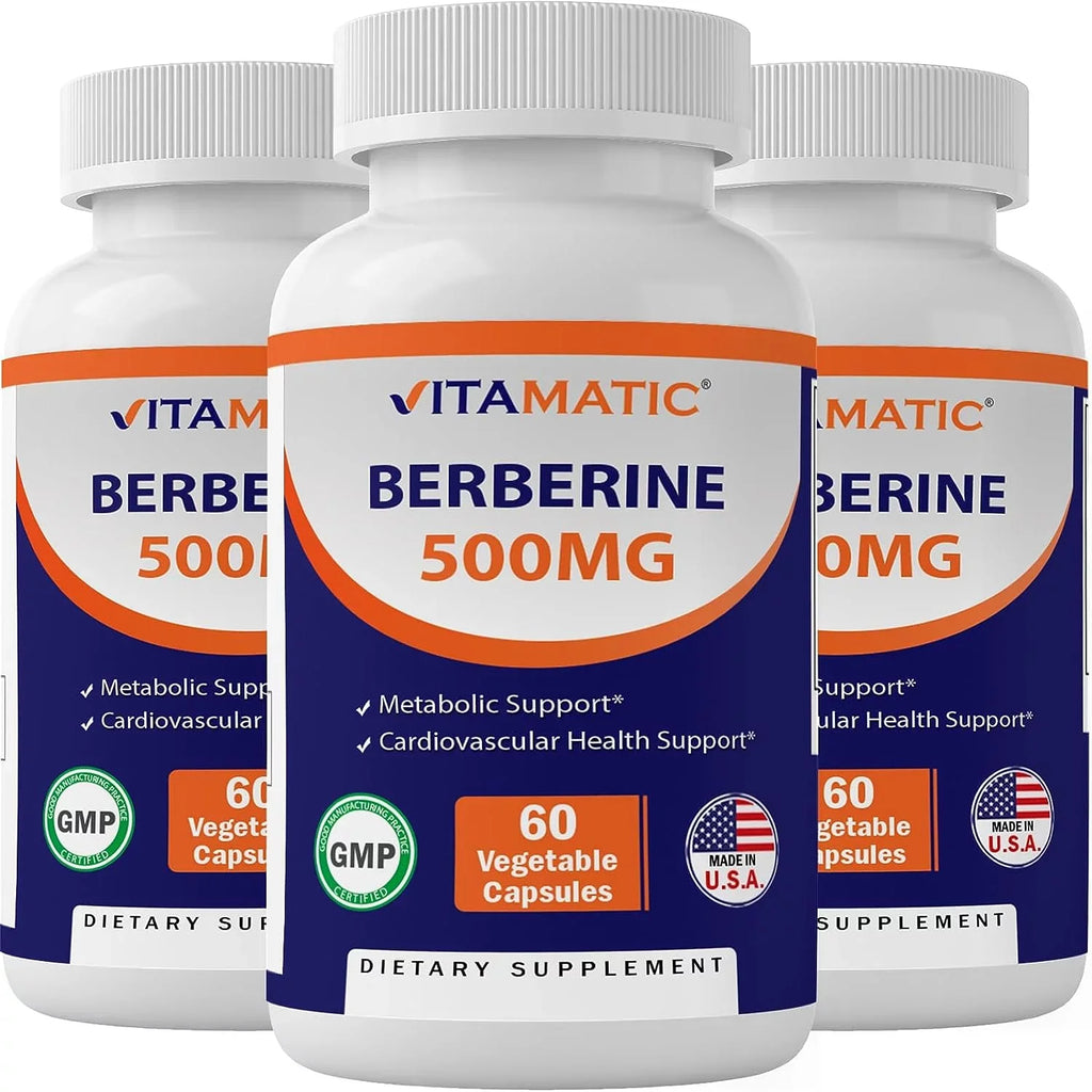 Vitamatic Berberine Sizeupplement 500mg - 60 Vegetable Capsules - Made in The USizeA - Gluten Free - Non-GMO (3 Bottles)