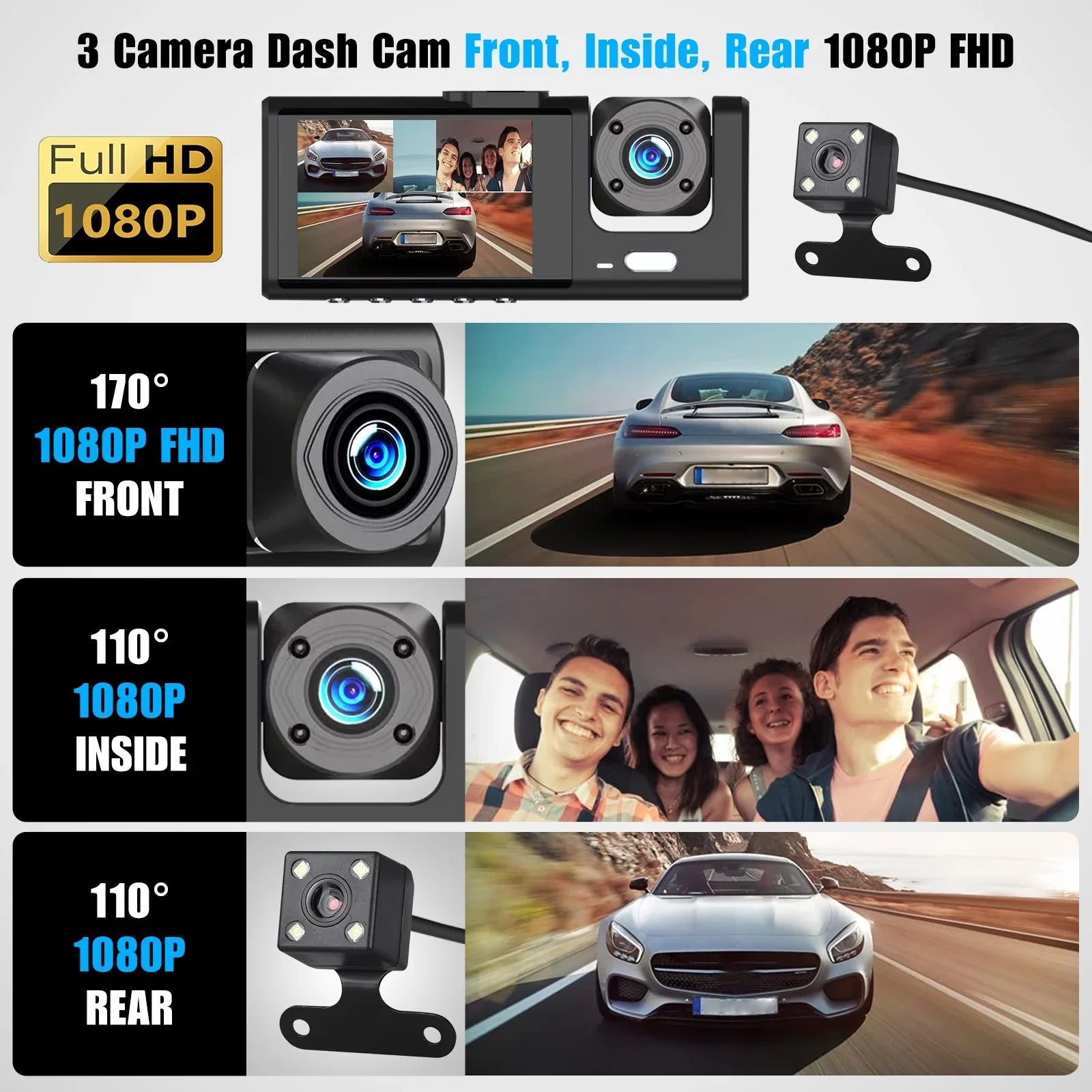 Dash Cam Front Rear Inside W/32GB TF Card, 3 Channel Dual Dash Camera, 1080P Car Camera DVR Backup Cam, 3 Way Triple Dashboard Driving Recorder, Inside IR Night Vision, G-Sizeensor