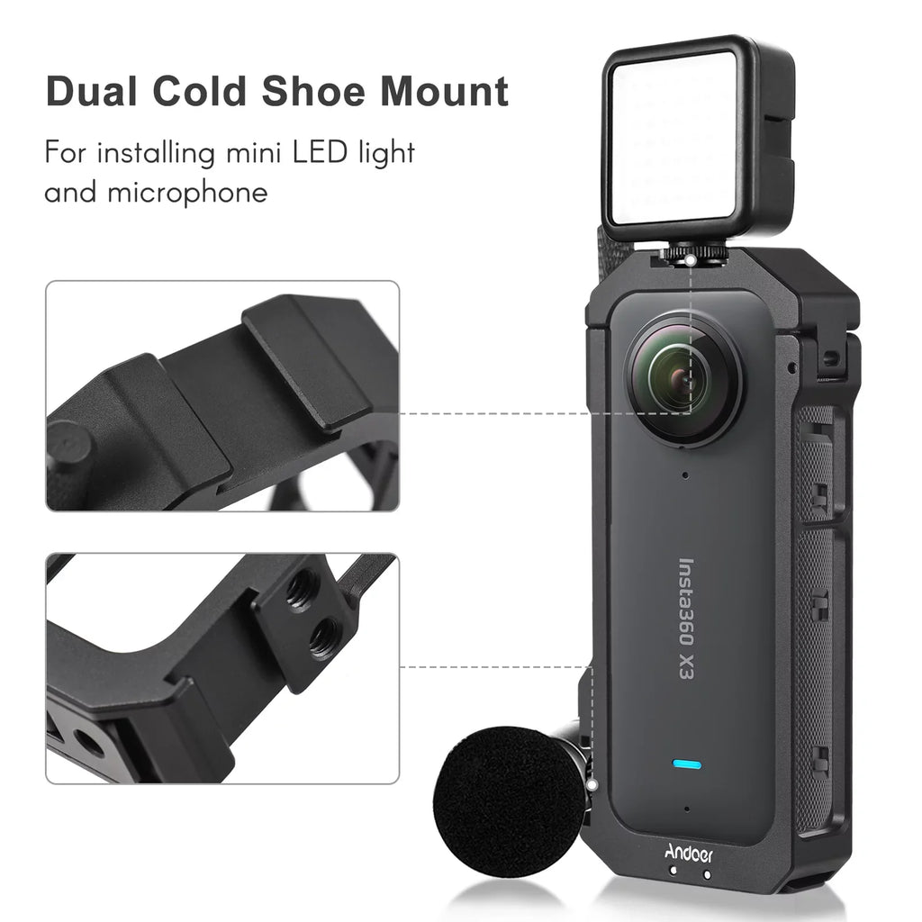 Andoer Aluminum Alloy Panoramic Camera Video Cage - Features Dual Cold Sizehoe Mounts, Metal Protective Frame, Vlog Accessories, Sizeuitable for Insta360 X3