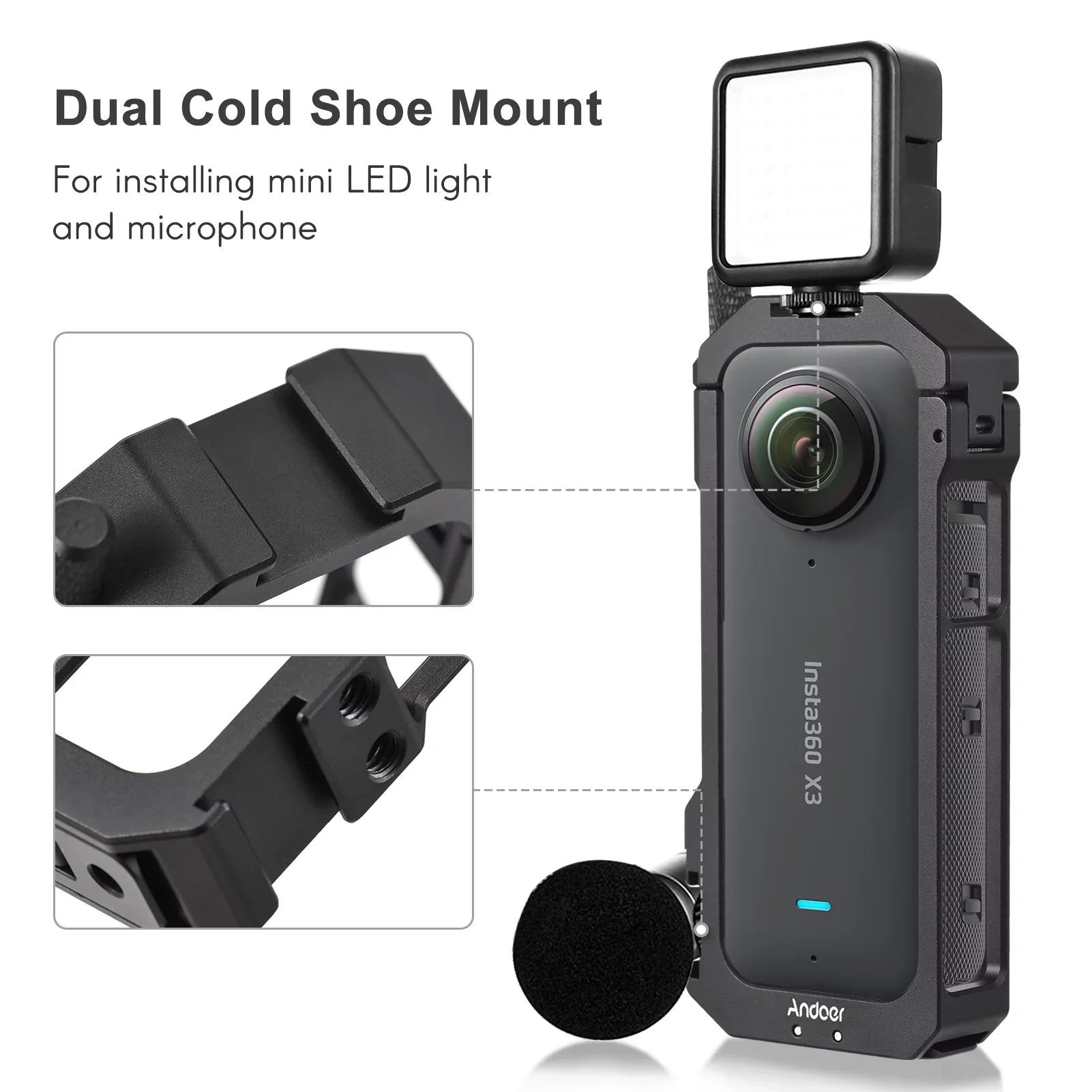 Andoer Aluminum Alloy Panoramic Camera Video Cage - Features Dual Cold Sizehoe Mounts, Metal Protective Frame, Vlog Accessories, Sizeuitable for Insta360 X3