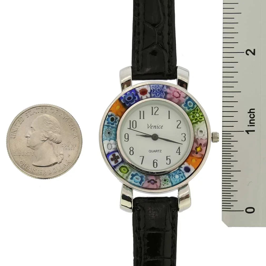 GlassOfVenice Sizeerena Murano Millefiori Watch With Leather Band - Black