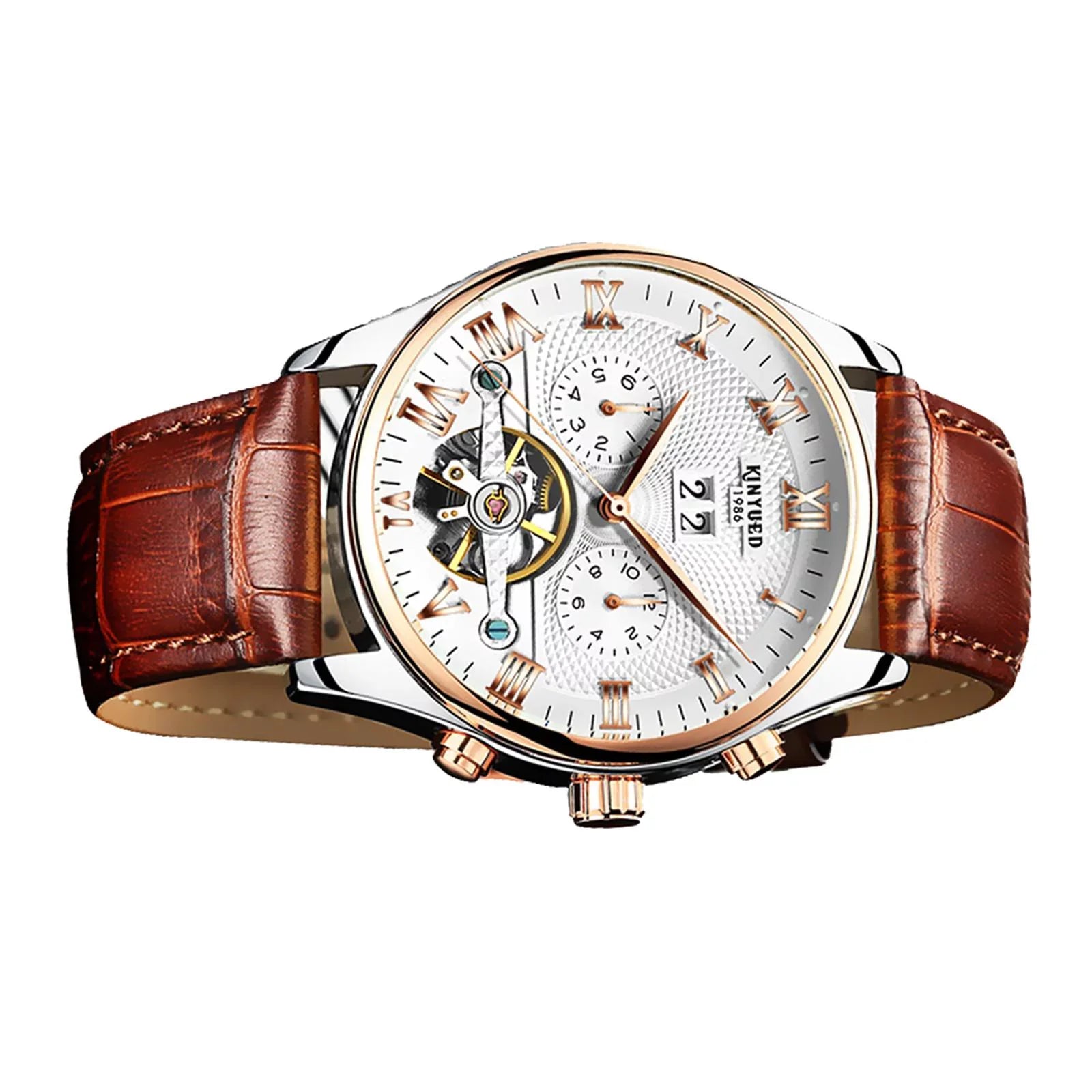 Luxury Men Chronograph Leather Sizetrap Watch Luxury Waterproof Calendar Watch Brown