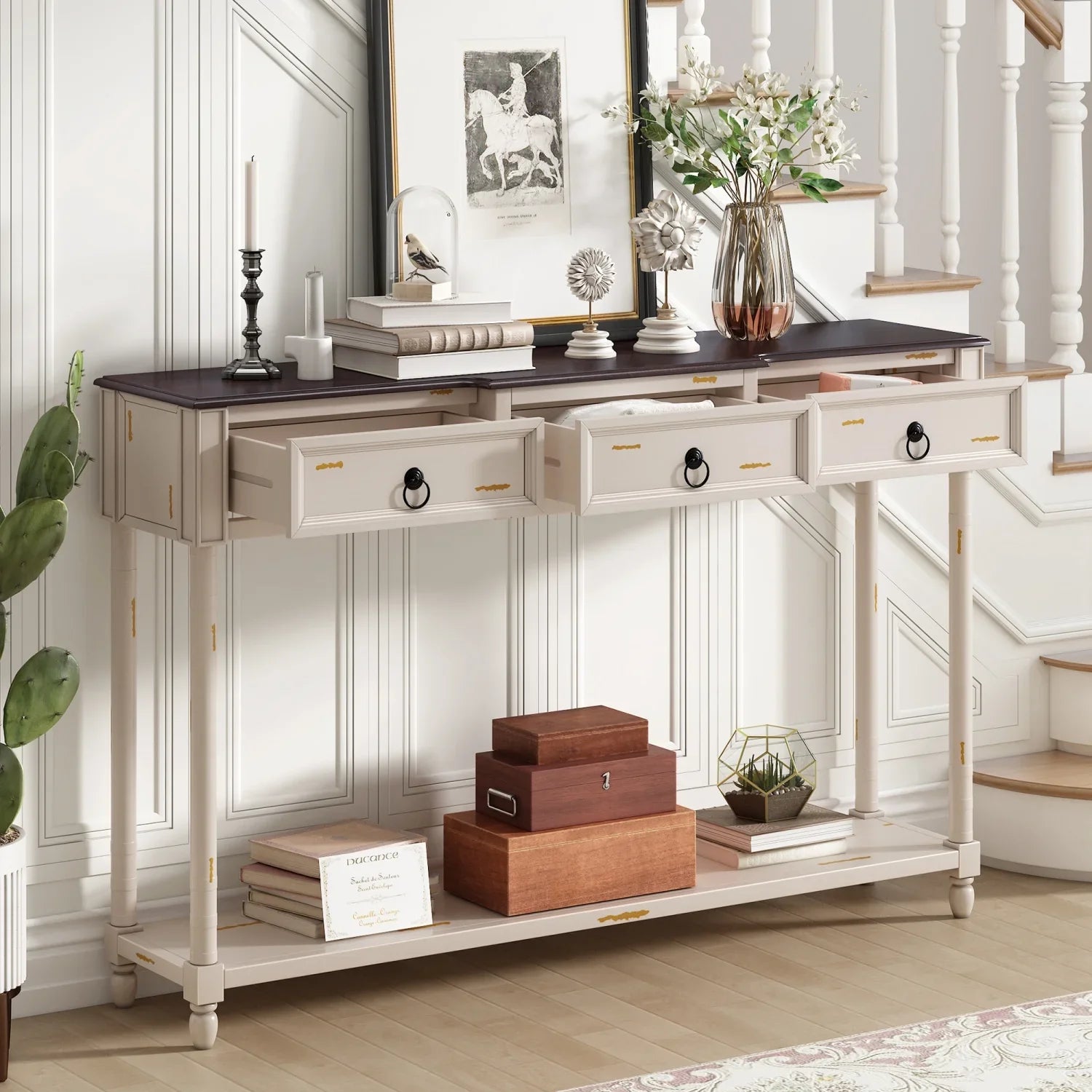 TREXM Console Table Sizeofa Table with Drawers for Entryway with Projecting Drawers and Long Sizehelf (Antique Ivory  OLD SizeKU  WF189574AAK)