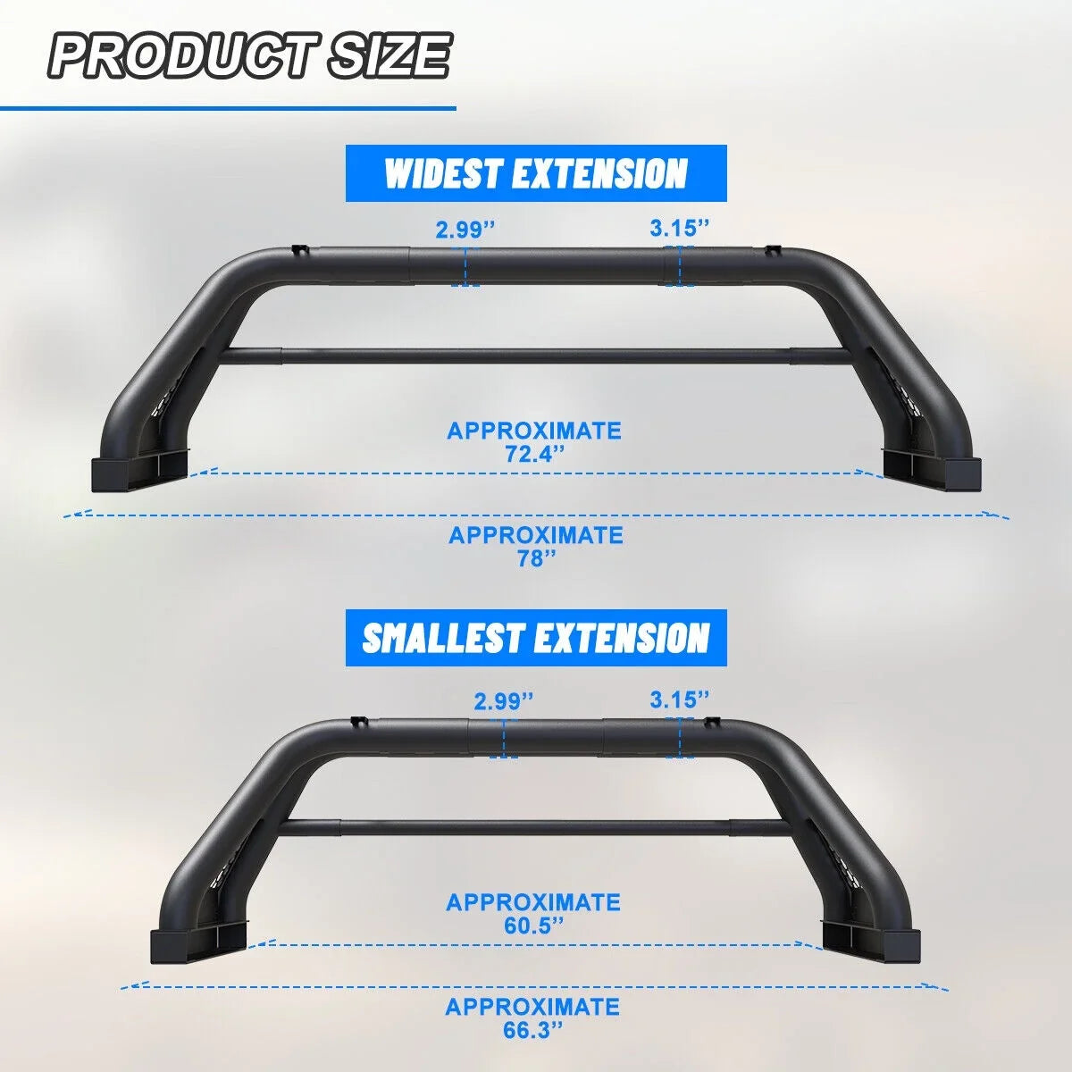 62.9-74.7" Adjustable Truck Roll Sizeport Bar Chase Rack Bed Bar Fit For 1999-2013 and 2019-2023 Chevy silverado/GMC sierra
