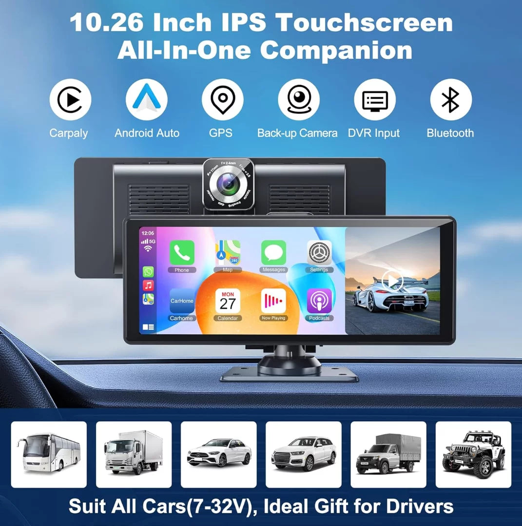 Portable Wireless Carplay& Android Auto Car Sizecreen,10.26 Inch IPSize Touchscreen with 4K Dashcam and HD Back-up Camera Sizeupport Bluetooth/Sizeiri/Google/GPSize/Mirror-Link