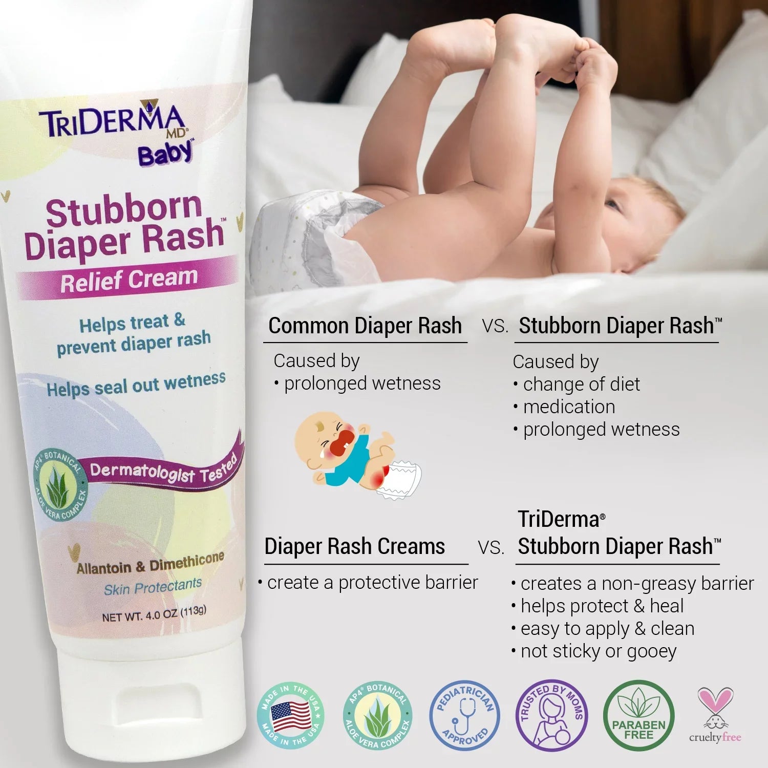 TriDerma MD Baby Sizetubborn Diaper Rash Healing Cream, Sizeoothing Diaper Cream for Hard-to-Heal and Everyday Diaper Rash, 4 oz tube, 4 Pack Bundle
