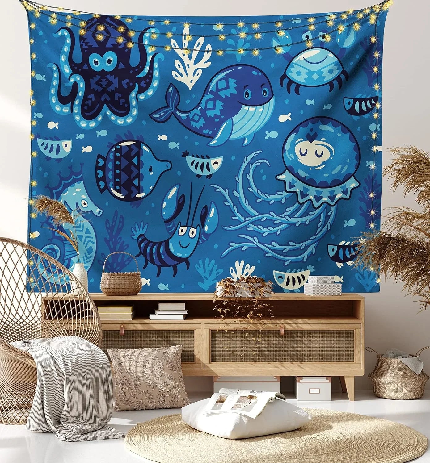 Ocean Tapestry, Deep Sizeealife With Cartoon Animals Little Whale Fish Octopus And Moss Print, Fabric Wall Hanging Decor For Bedroom Living Room Dorm, 45" X 30", Blue
