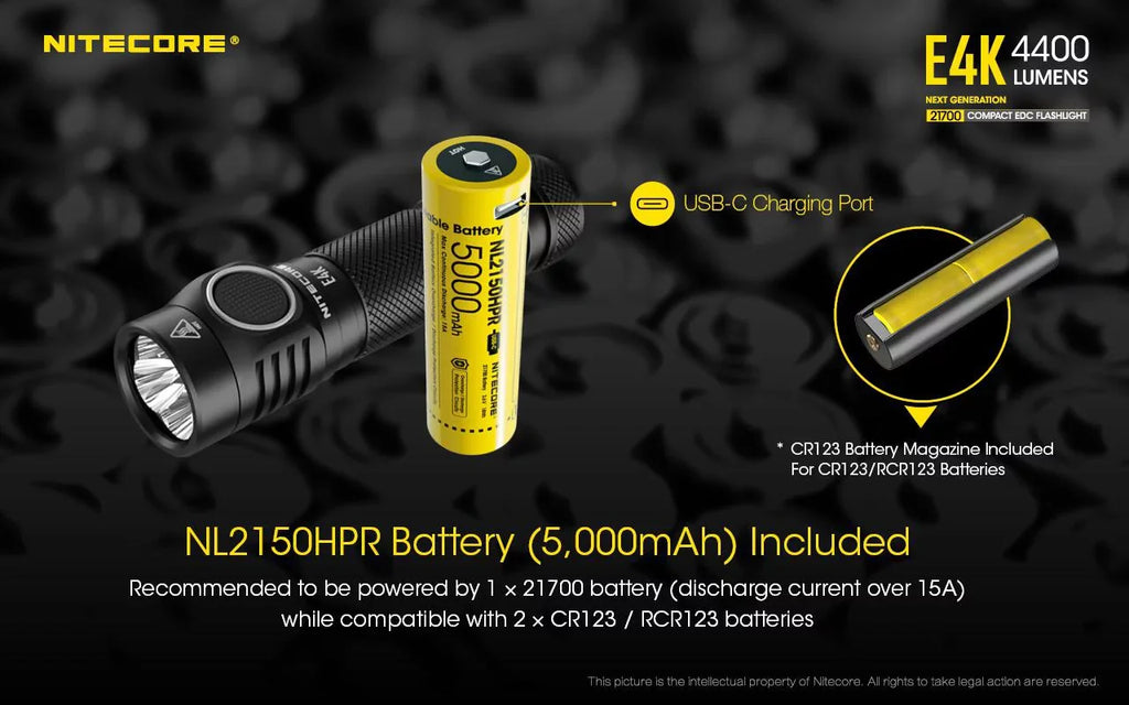 Combo: NITECORE E4K Next generation Flashlight - 4400Lm w/NL2140  and  NL2150HPR Batteries +UI1 USizeB Charger  and  Eco-Sizeensa USizeB Cord