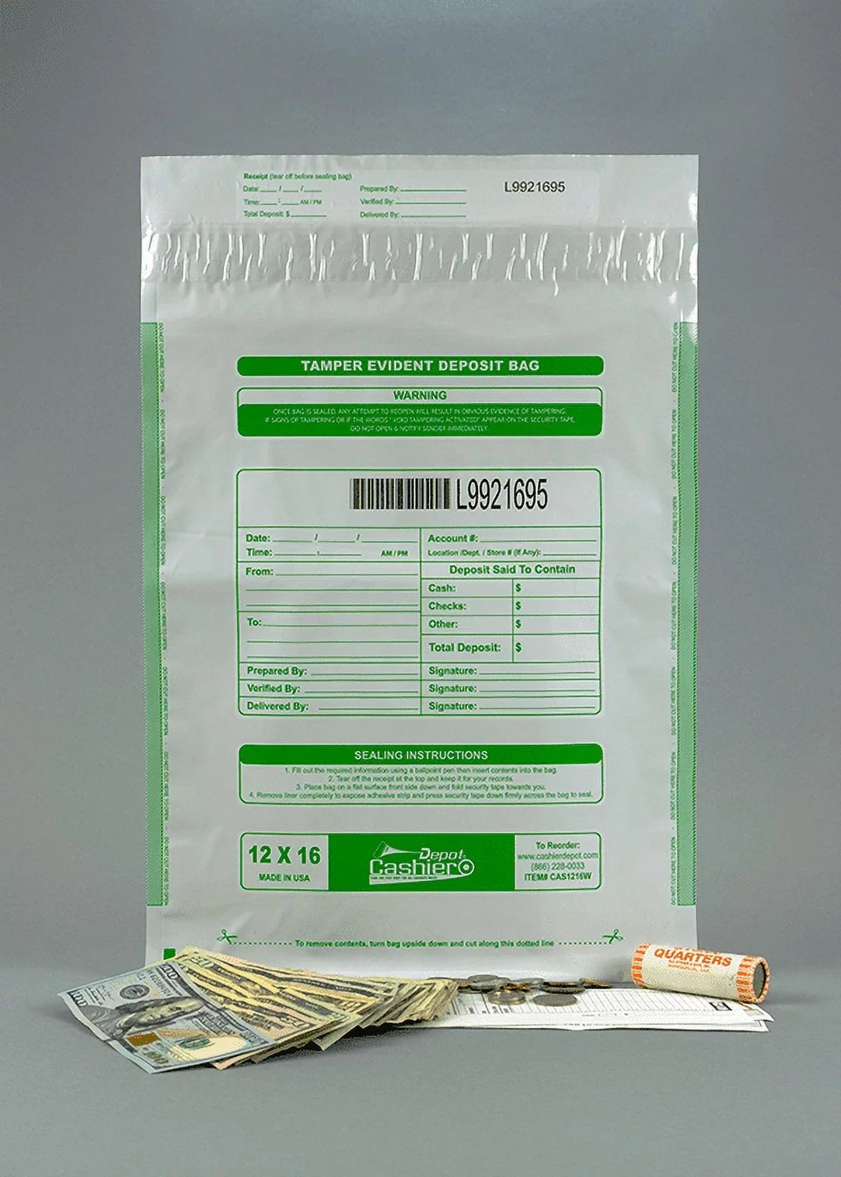 Cashier Depot Tamper Evident Deposit Bags, 12" x 16" Ivory, Sizeerialized Numbering, Barcode, Press & Sizeeal Void Closure Tape (100 Bags)