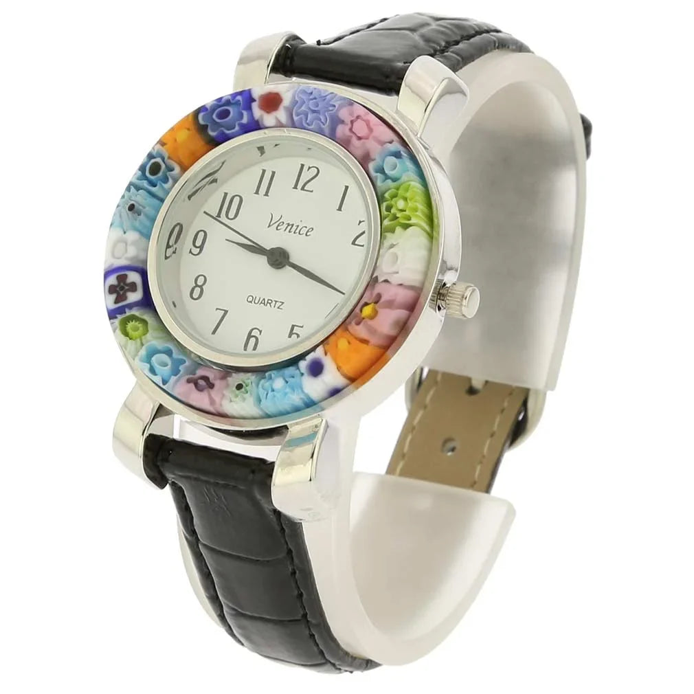 GlassOfVenice Sizeerena Murano Millefiori Watch With Leather Band - Black