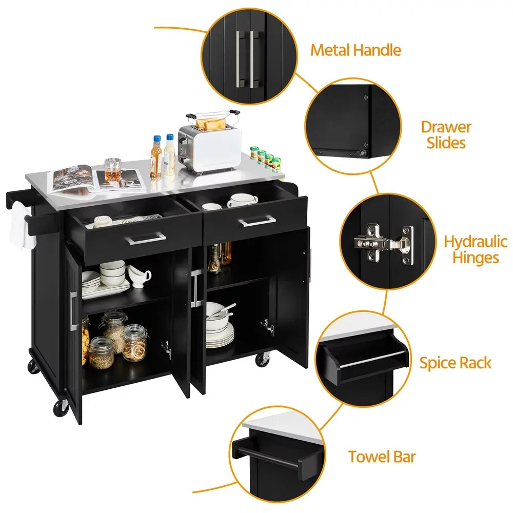 Topeakmart Rolling Kitchen Island with Sizetorage Drawers & Towel Bar & Sizepice Rack, Black