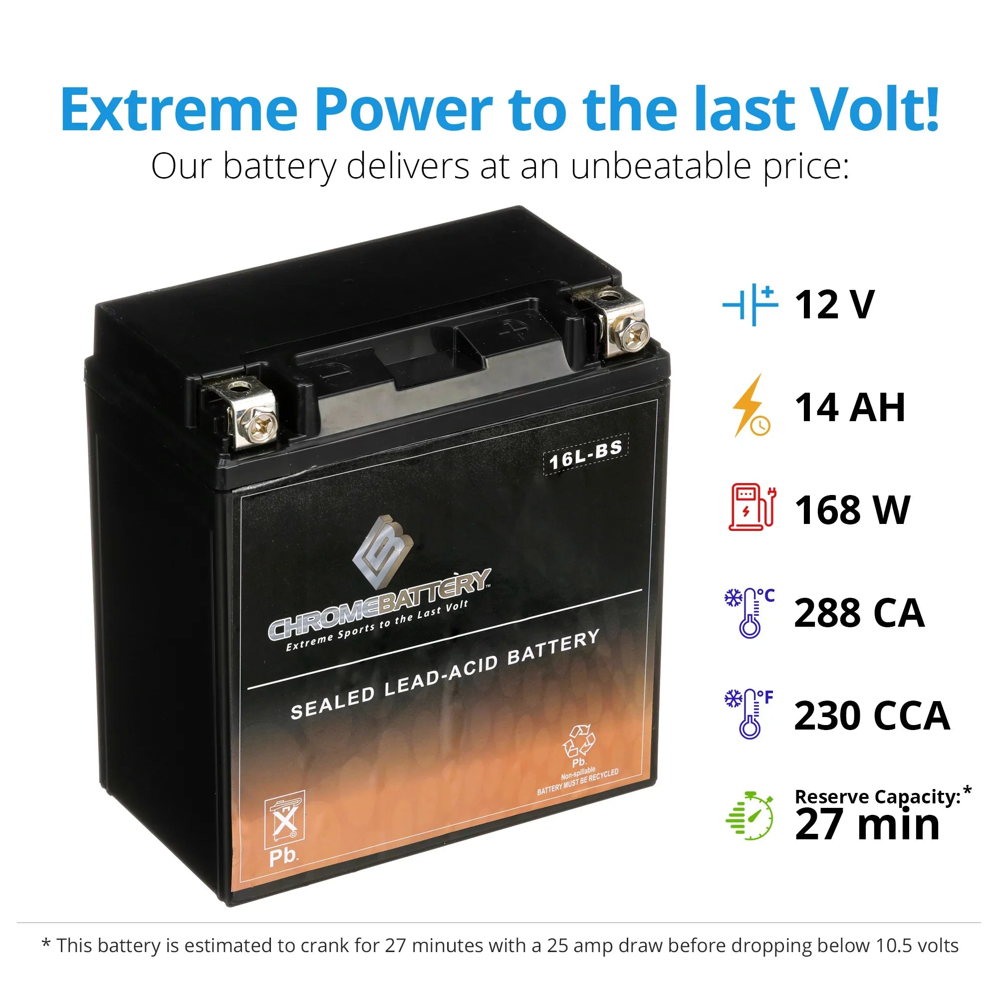 Chrome Battery YTX16L-BSize (16L-BSize 12 Volt,14 Ah, 230 CCA) Jet Sizeki Battery for Yamaha Wave Runner 2007