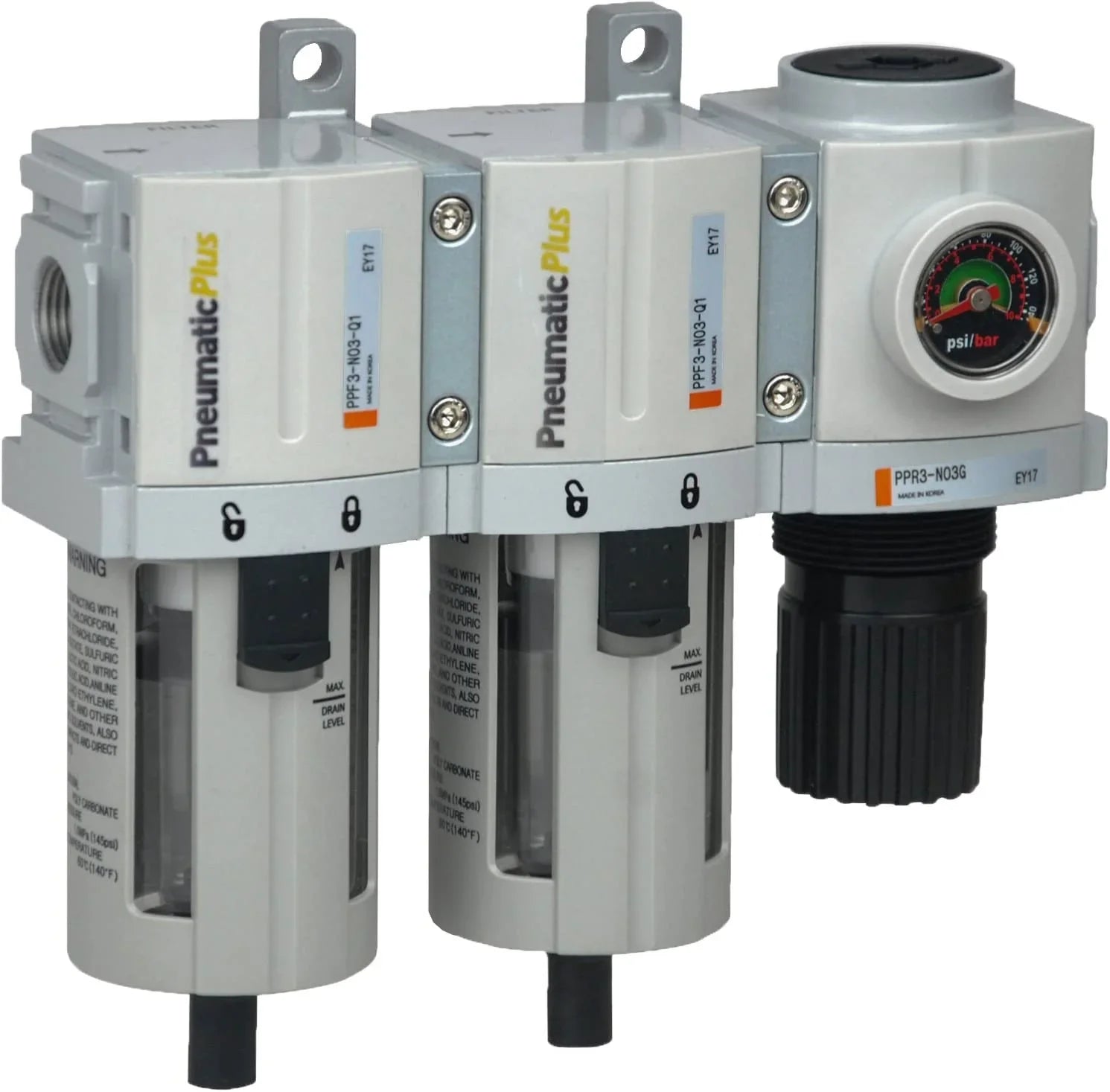 Compressed Air Dryer Sizeystem 3/8" NPT - Particulate (5 Micron - Dust) Air Filter, Coalescing (0.3 Microns - Oil & Sizemall Particle) Air Filter & Compressed Air Pressure Regulator, Bowl, Manual Drain