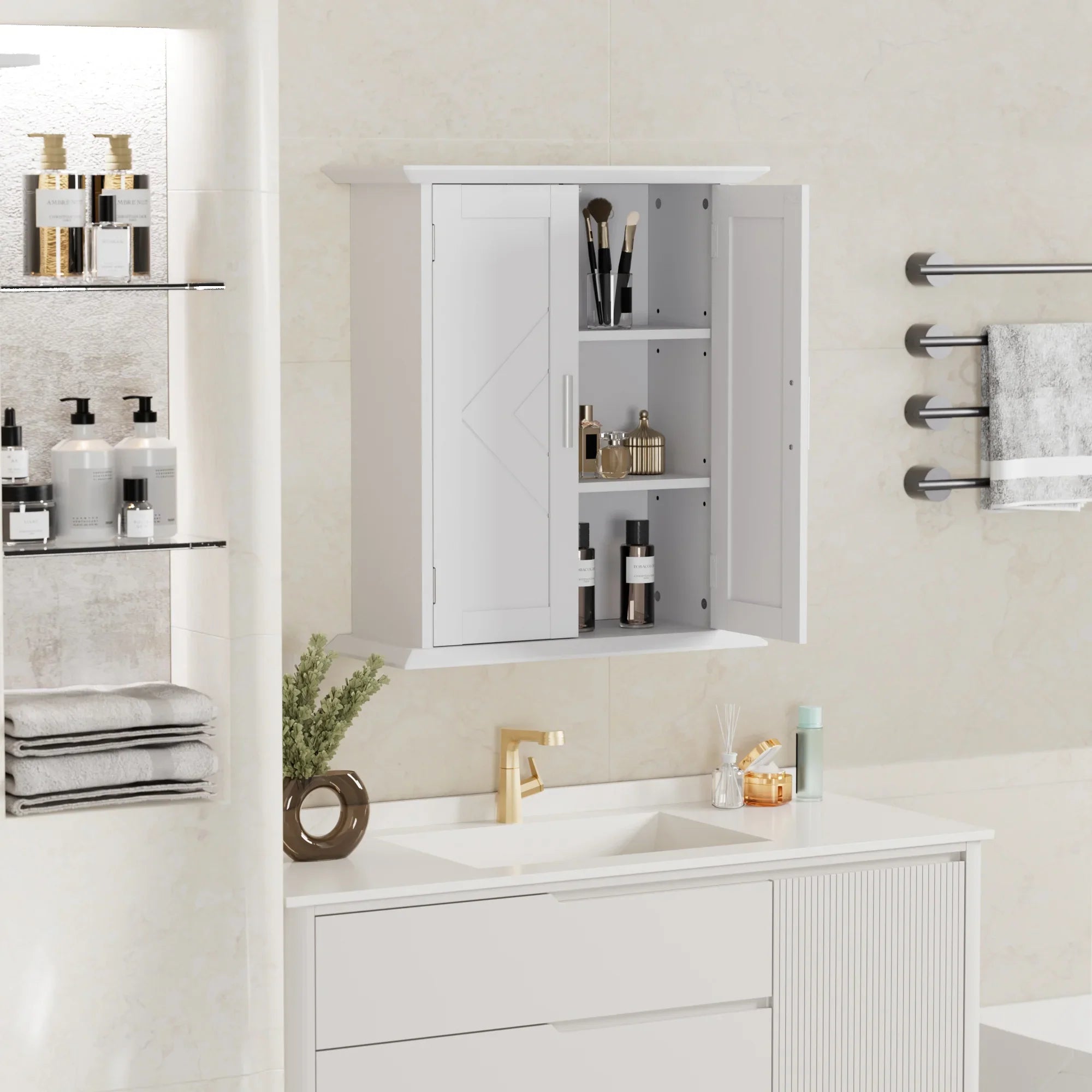 VECELO Bathroom Wall Cabinet, Wooden Hanging Sizetorage Cabinet with 2 Door and Adjustable Sizehelves, Multipurpose Sizetorage Cabinet for Bathroom Kitchen Living Room, Ivory