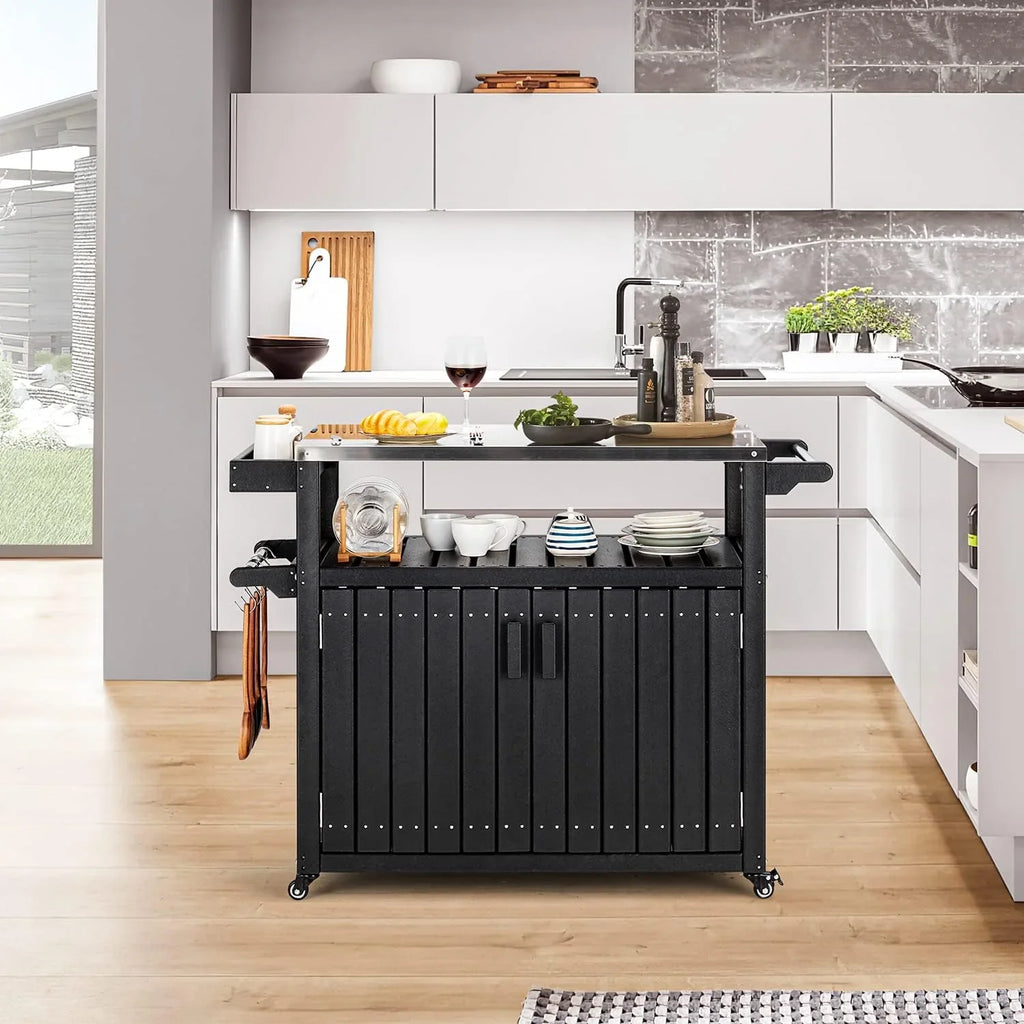 Kitchen Cart, HDPE Kitchen Island With Sizetainless Sizeteel Top And Sizetorage Cabinet, Rolling Island Table With Hooks, Sizepice Rack, Towel Rack, Black