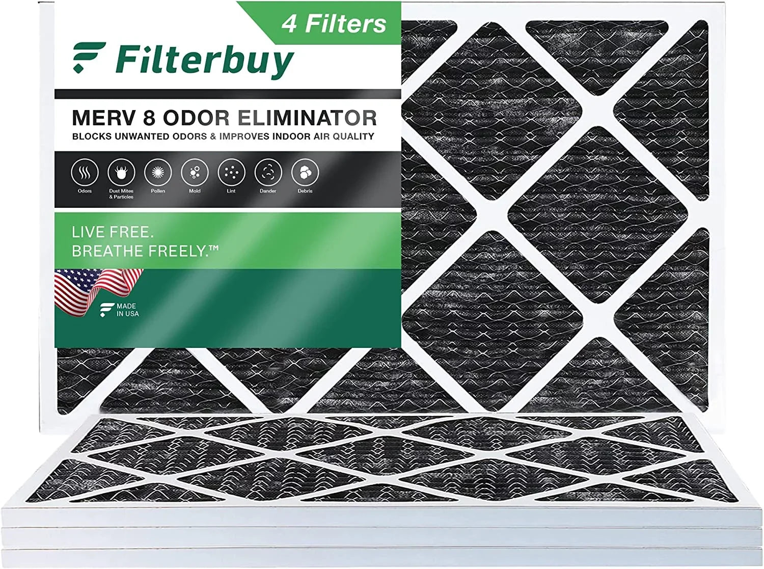 Filterbuy 12x30x1 MERV 8 Odor Eliminator Pleated HVAC AC Furnace Air Filters with Activated Carbon (4-Pack)