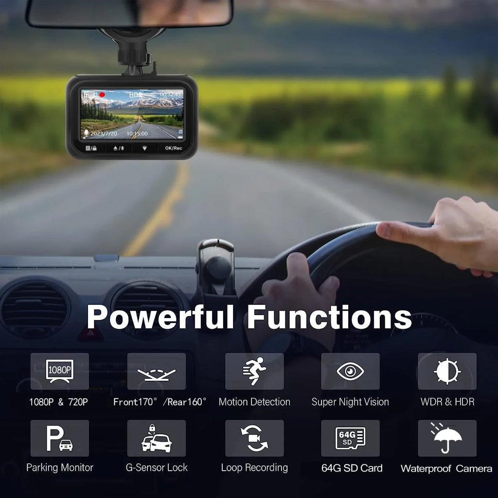 Dash Cam Front and Rear, 1080P Full HD Dash Camera for Cars, 64G SizeD , 2.45 inch IPSize Sizecreen, Night Vision, WDR, 2
