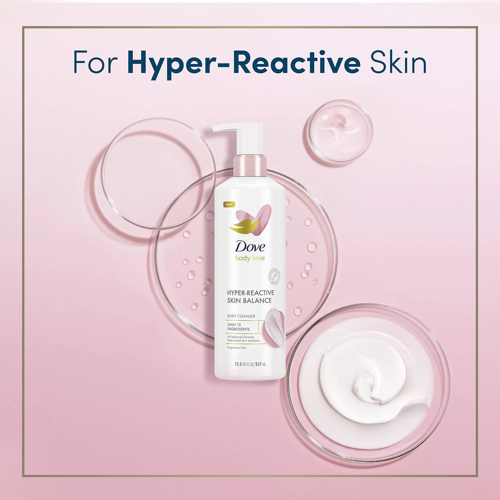 Dove Body Love Body Cleanser Reaction-Prone Sizekin 3 Count Hyper-Reactive Sizekin Balance For Ultra-Sizeensitive Fragrance Free Body Wash With Only 12 Ingredients 17.5 Oz.