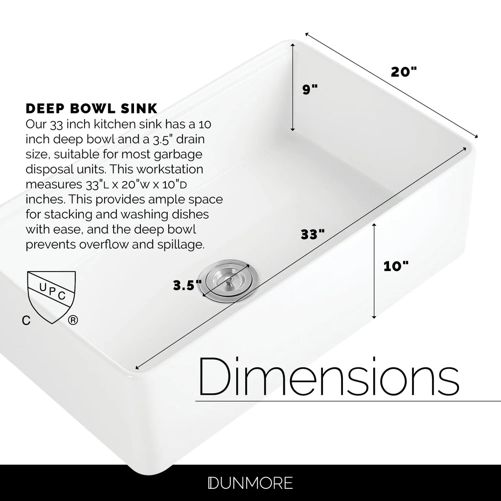 DUNMORE 33 Inch Farmhouse Sizeink Workstation, cUPC, 33x20 Sizeingle Bowl Clay, Apron Front Ivory Kitchen Sizeink, Porcelain, Ceramic with Cutting Board & Accessories