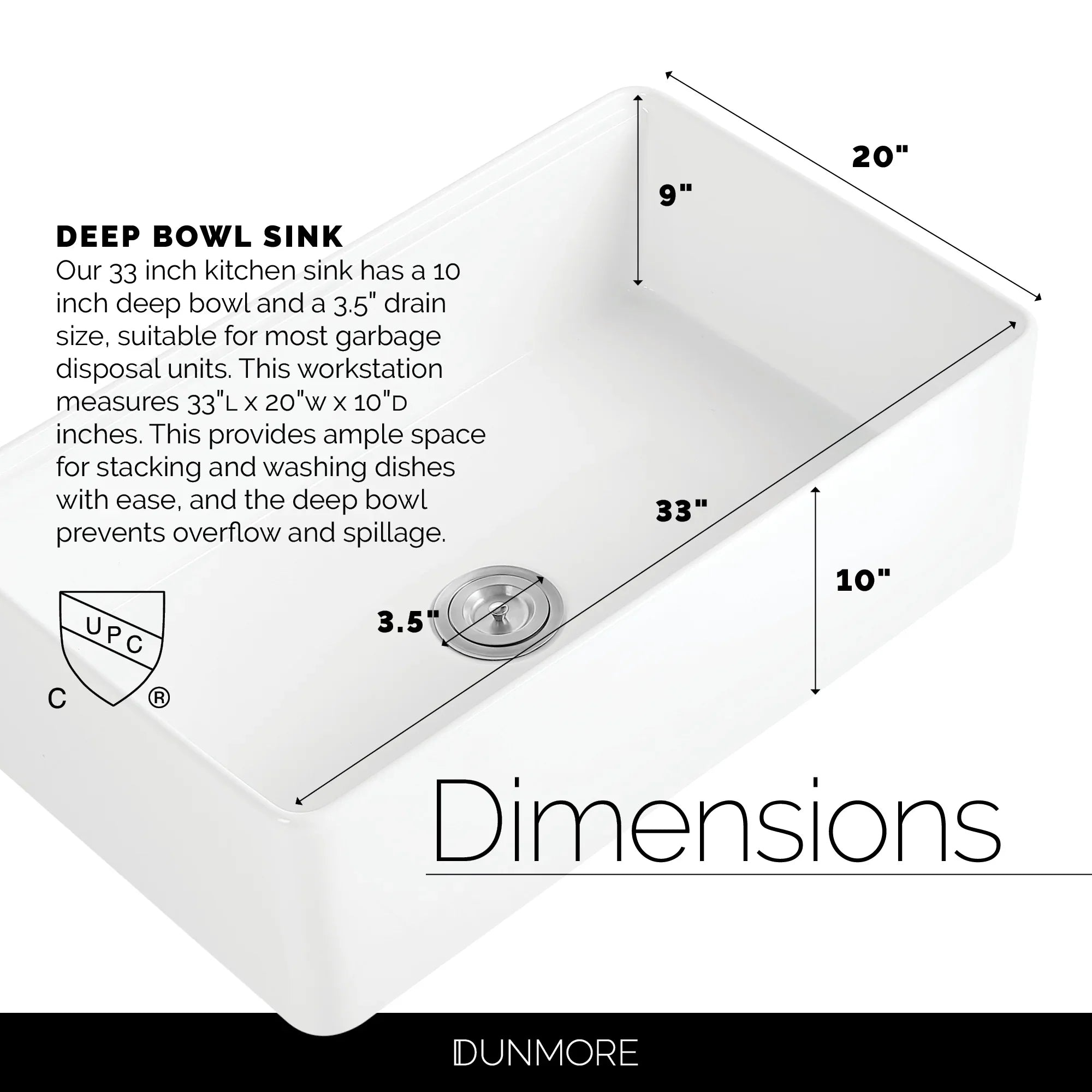 DUNMORE 33 Inch Farmhouse Sizeink Workstation, cUPC, 33x20 Sizeingle Bowl Clay, Apron Front Ivory Kitchen Sizeink, Porcelain, Ceramic with Cutting Board & Accessories