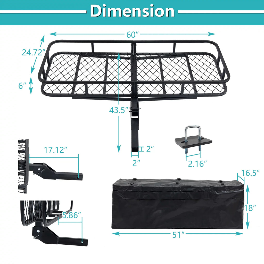60" x 24" x 6" Hitched Mounted Folding Cargo Basket with a 500 lb Capacity for Car SizeUV Truck Trailer, Black