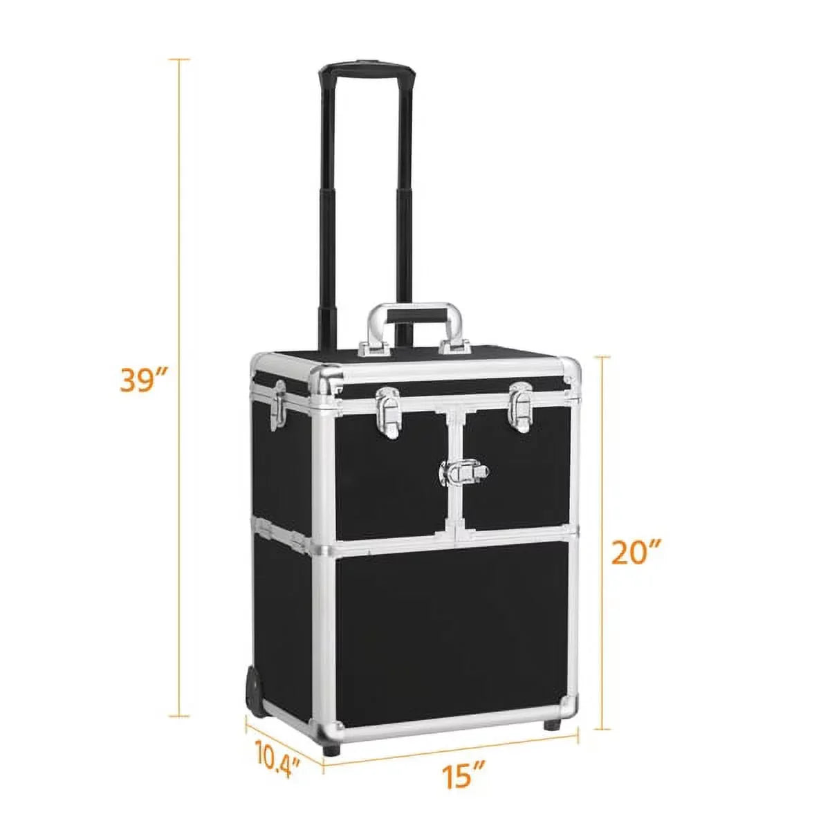 Alden Design Rolling Makeup Case Trolley with Wheels, Mirror, & Retractable Trays, Black