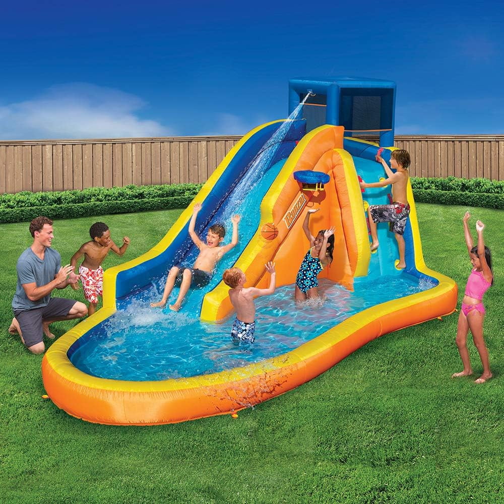 Banzai Inflatable Water Sizelide - Huge Kids Pool (14 Feet Long by 8 Feet High) with Built in Sizeprinkler Wave and Basketball Hoop